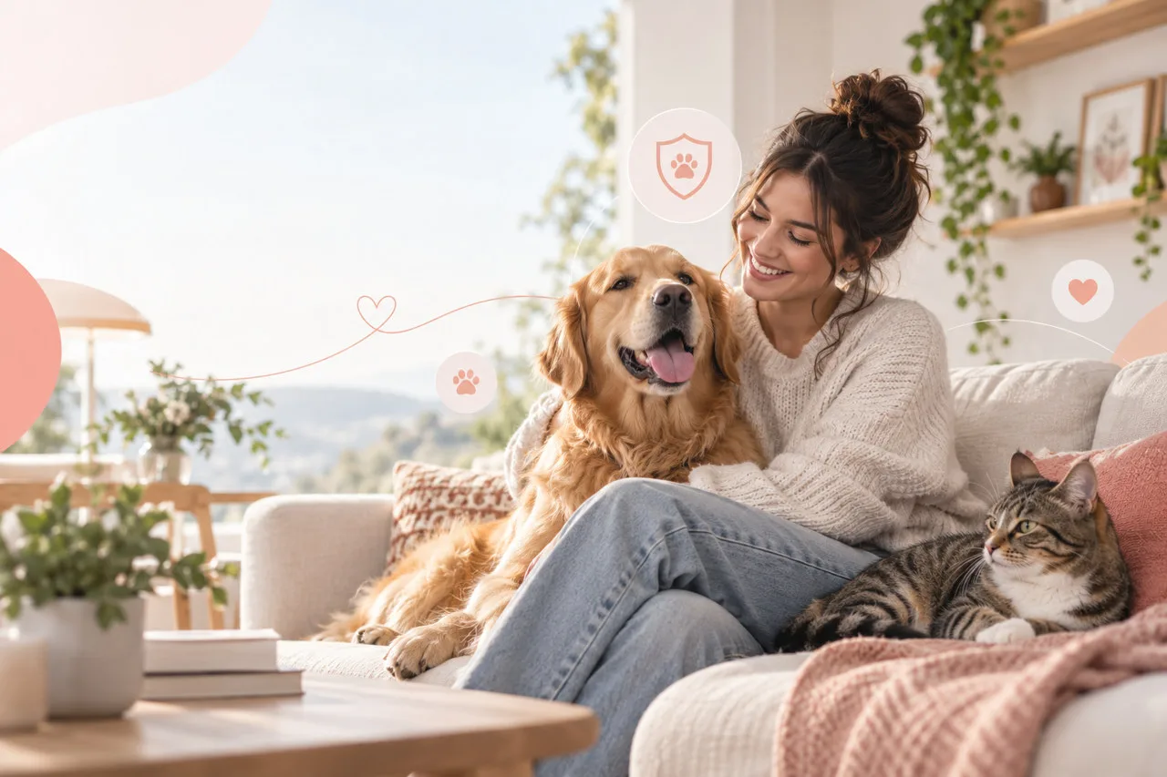 Owner seated at home with a golden-colored dog and tabby cat